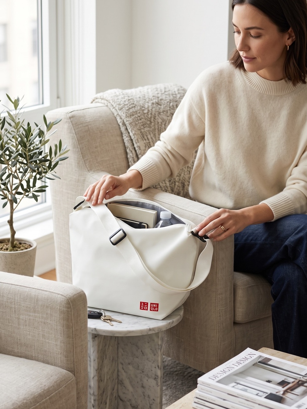 UNIQLO White Medium Everyday Tote with Adjustable Strap